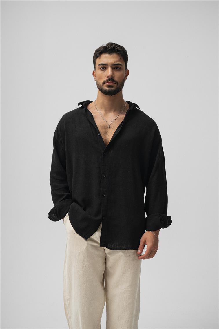 Basic Keten Oversize Gömlek Siyah