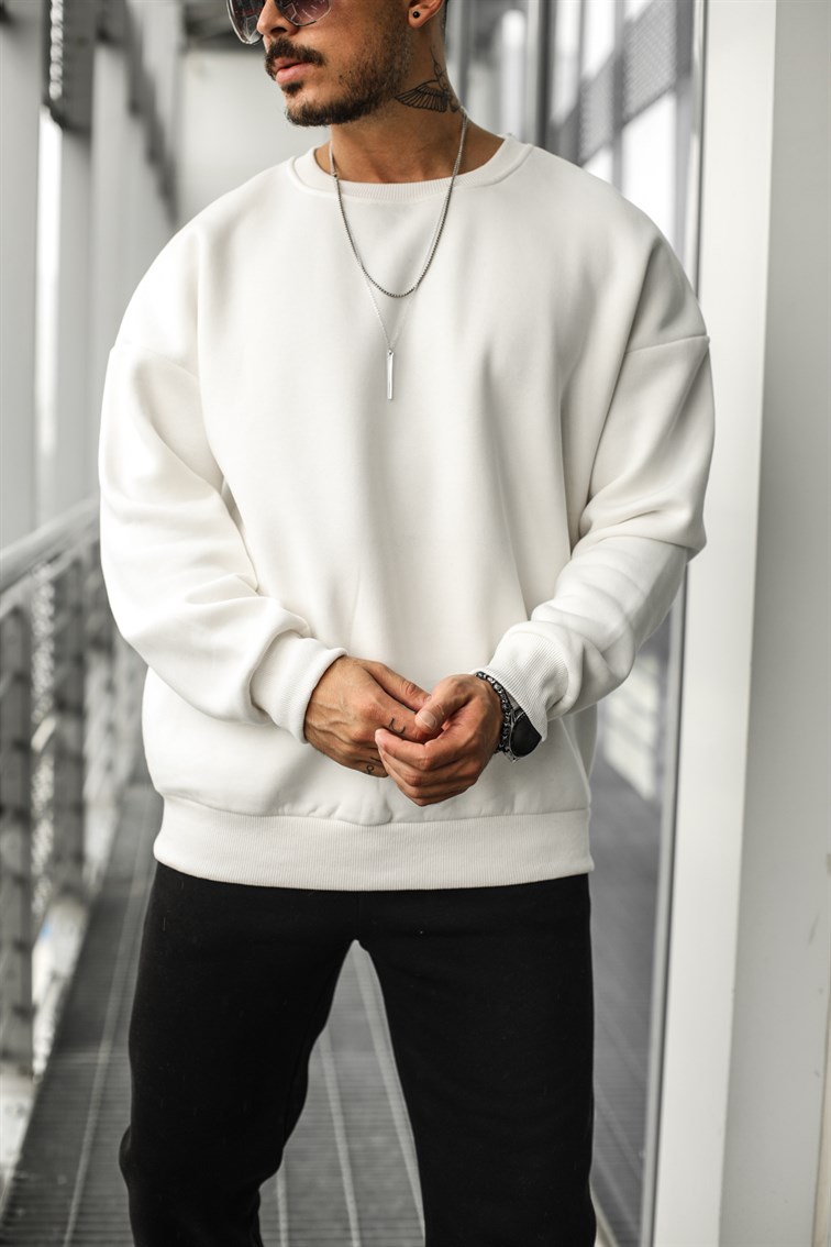 Basic Oversize Unisex Sweatshirt Beyaz