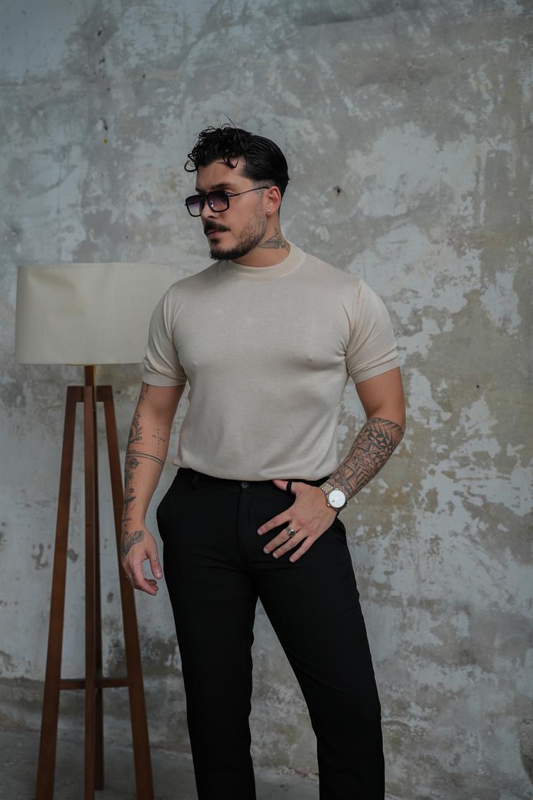 Basic Triko Kısa Kol  Tshirt Bej