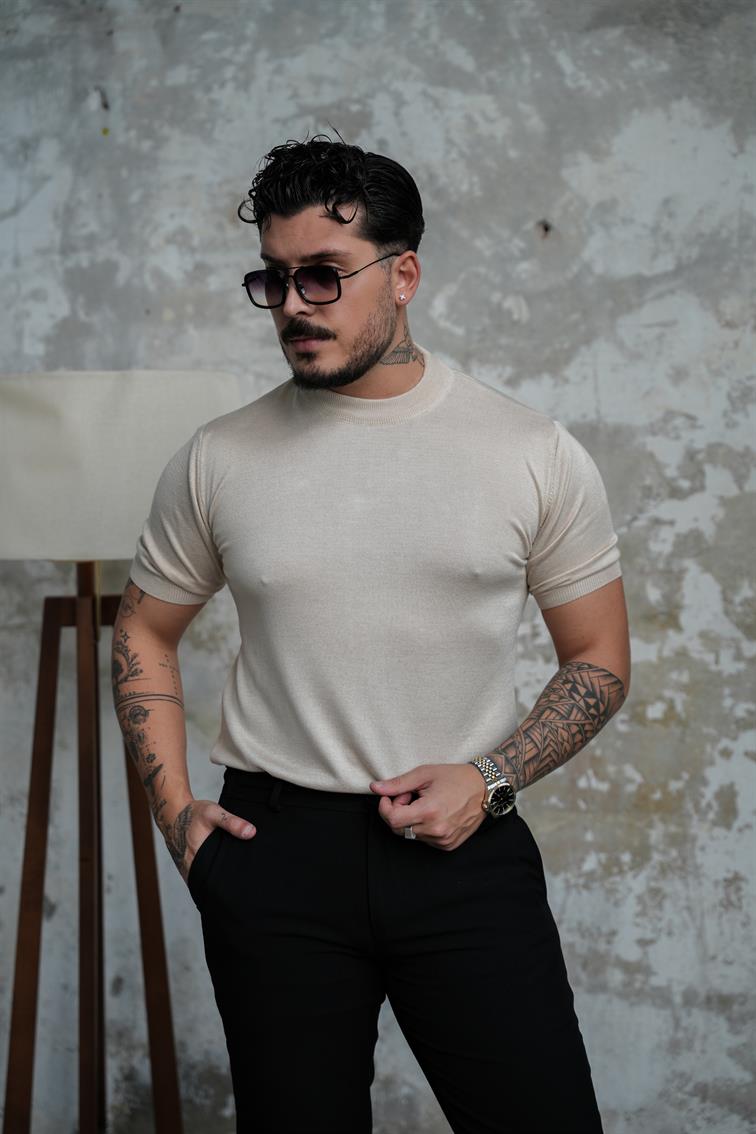 Basic Triko Kısa Kol  Tshirt Bej
