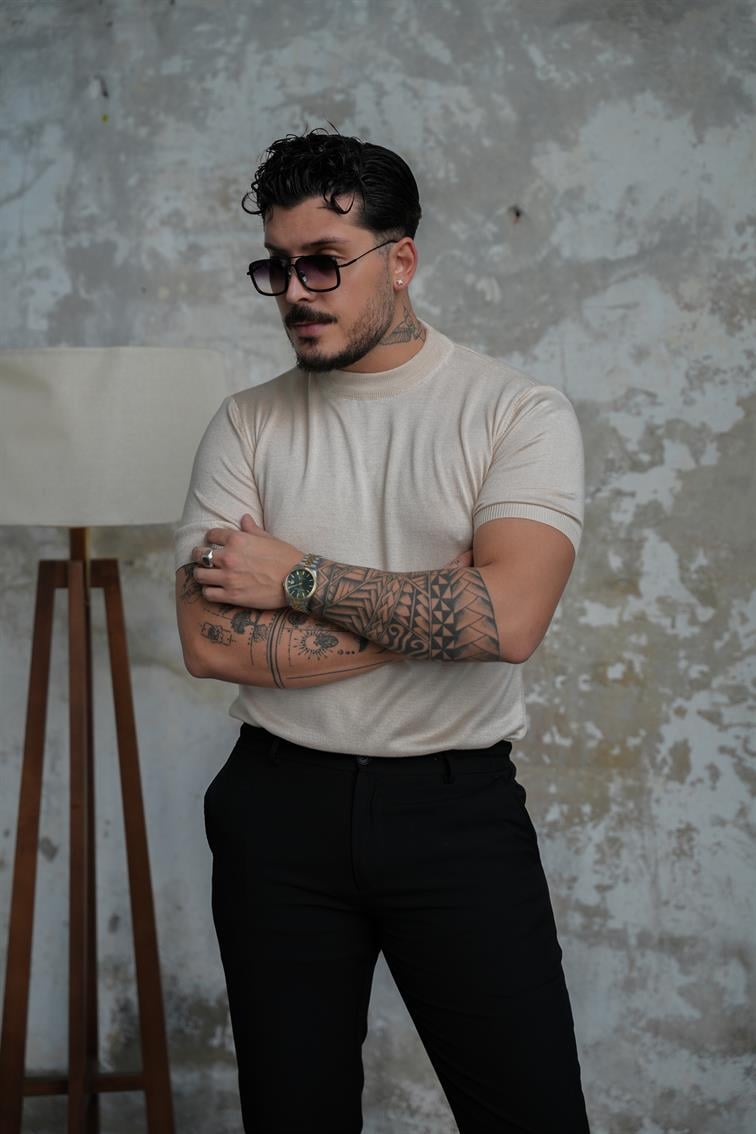 Basic Triko Kısa Kol  Tshirt Bej