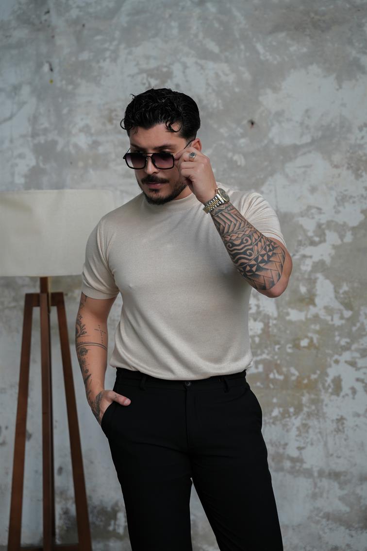 Basic Triko Kısa Kol  Tshirt Bej