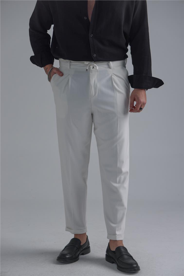 Bel Bağlamalı İtalyan Kesim Pantolon Beyaz