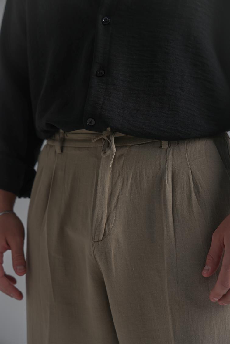 Bel Bağlamalı Keten Baggy Açık Haki