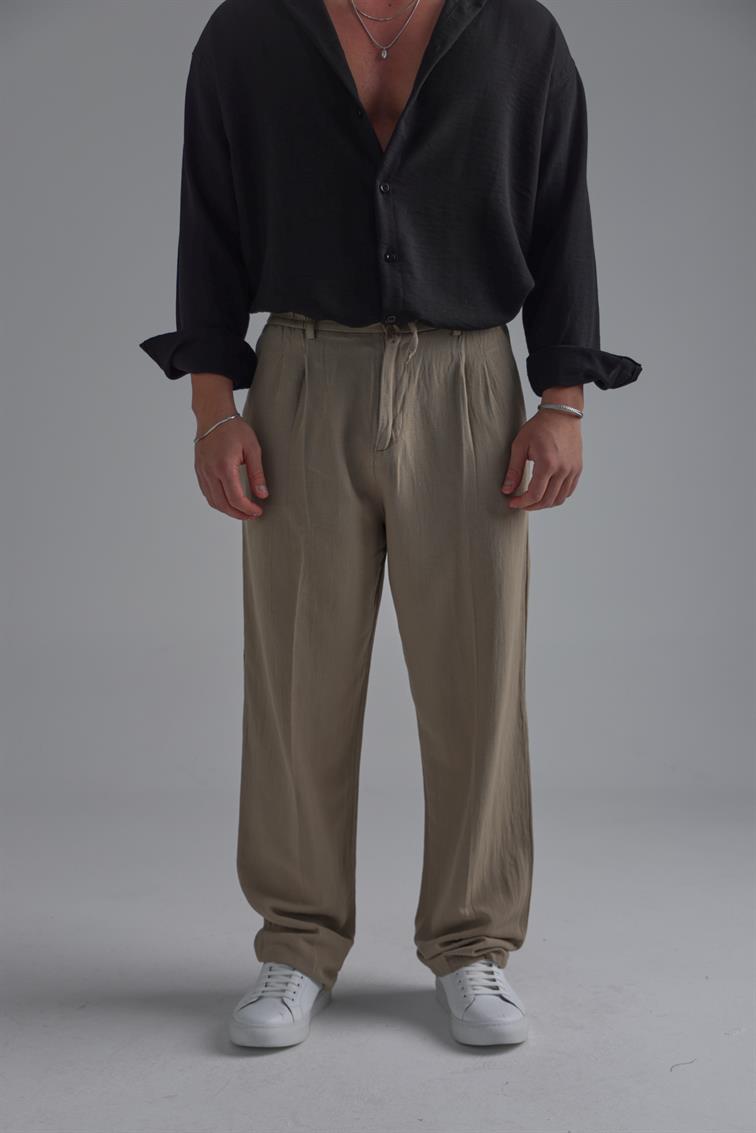 Bel Bağlamalı Keten Baggy Açık Haki