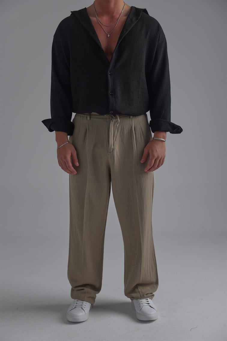 Bel Bağlamalı Keten Baggy Açık Haki