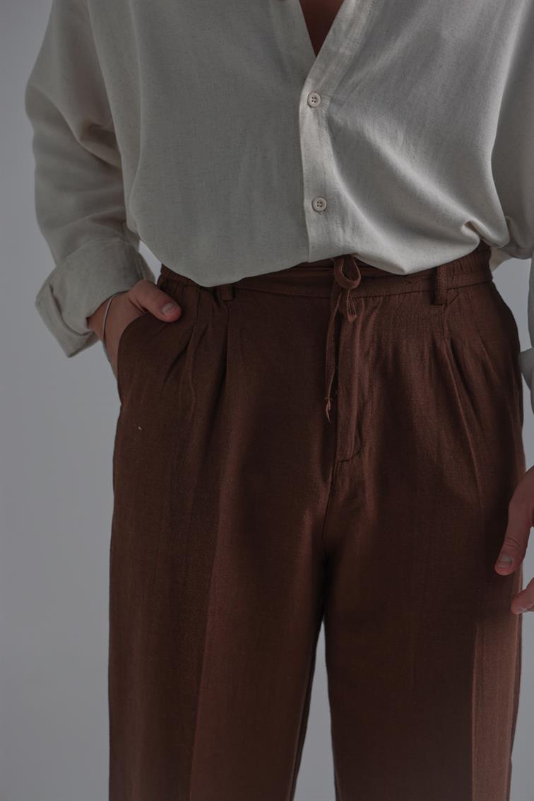 Bel Bağlamalı Keten Baggy Kahve