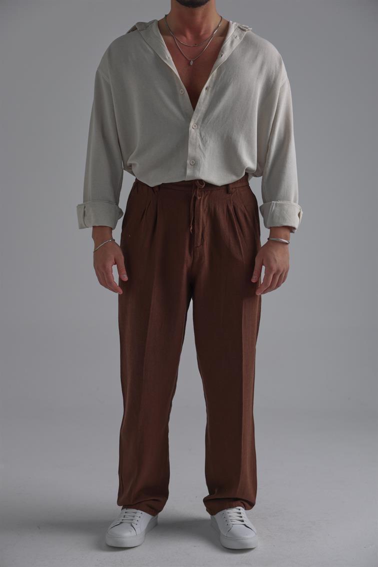 Bel Bağlamalı Keten Baggy Kahve