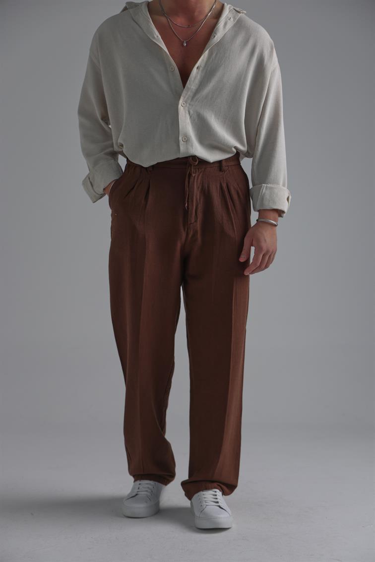 Bel Bağlamalı Keten Baggy Kahve