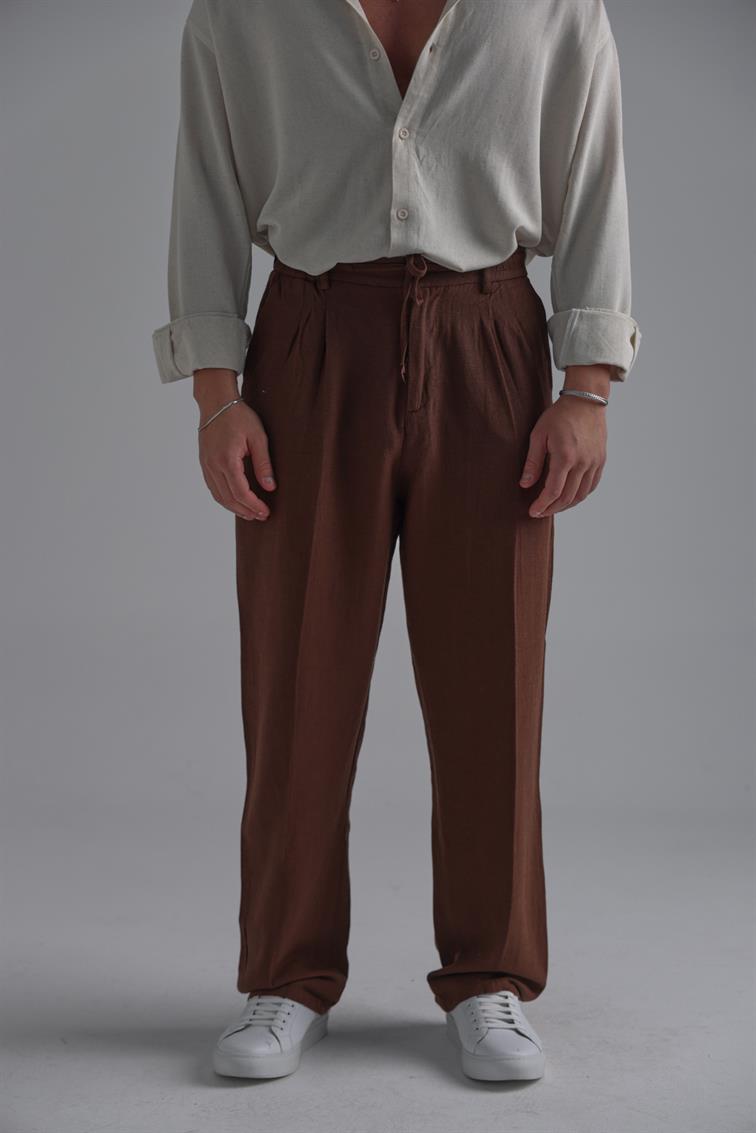 Bel Bağlamalı Keten Baggy Kahve