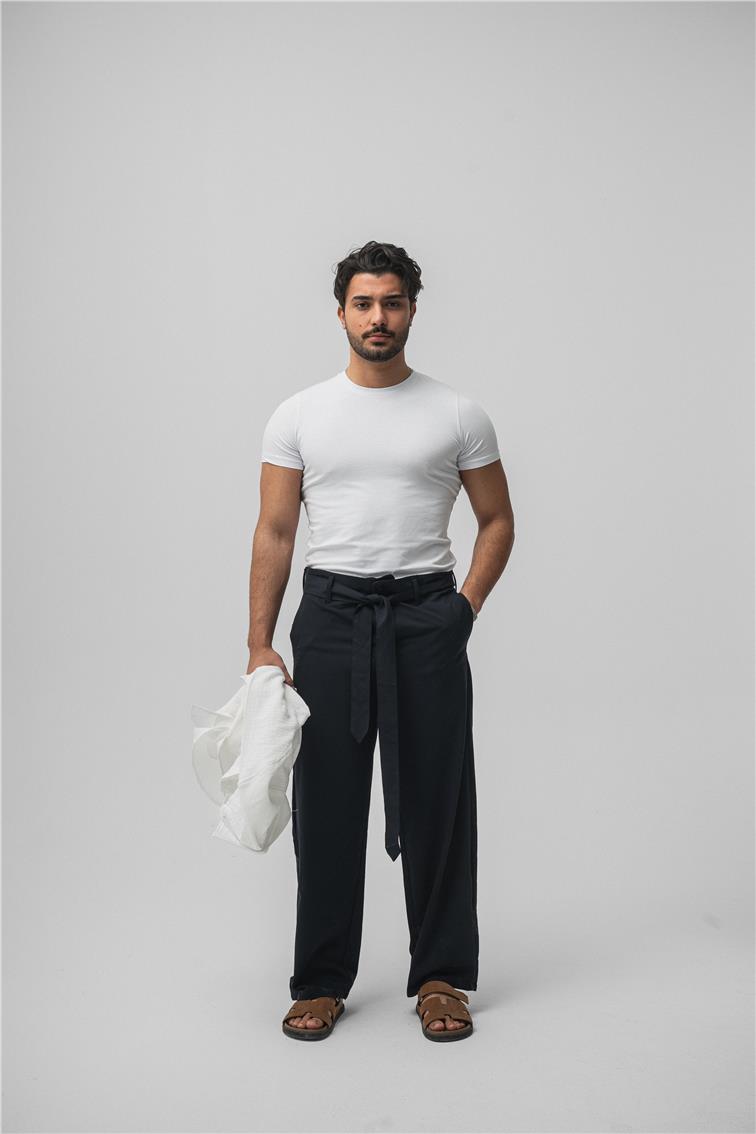 Bel Kuşaklı Klasik Baggy Pant. Lacivert