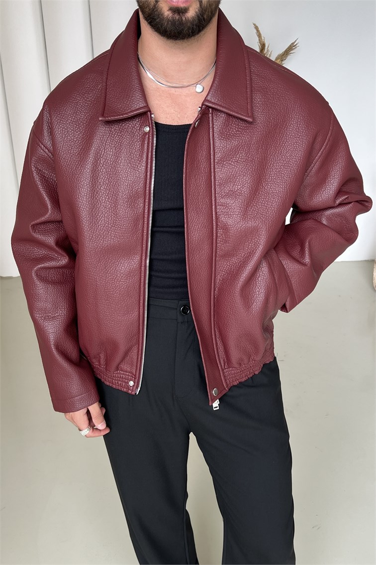 Bel Lastikli Bol Deri Ceket Bordo