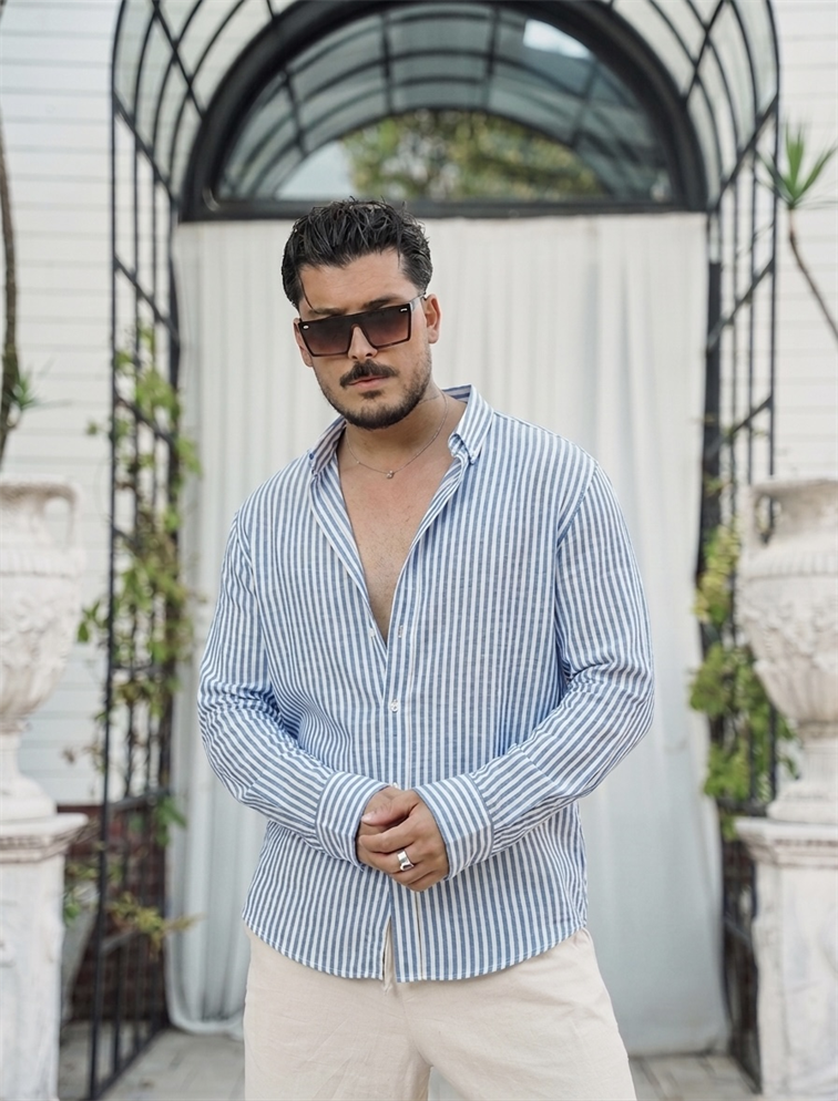 Benito Oversize Çizgili Gömlek Mavi