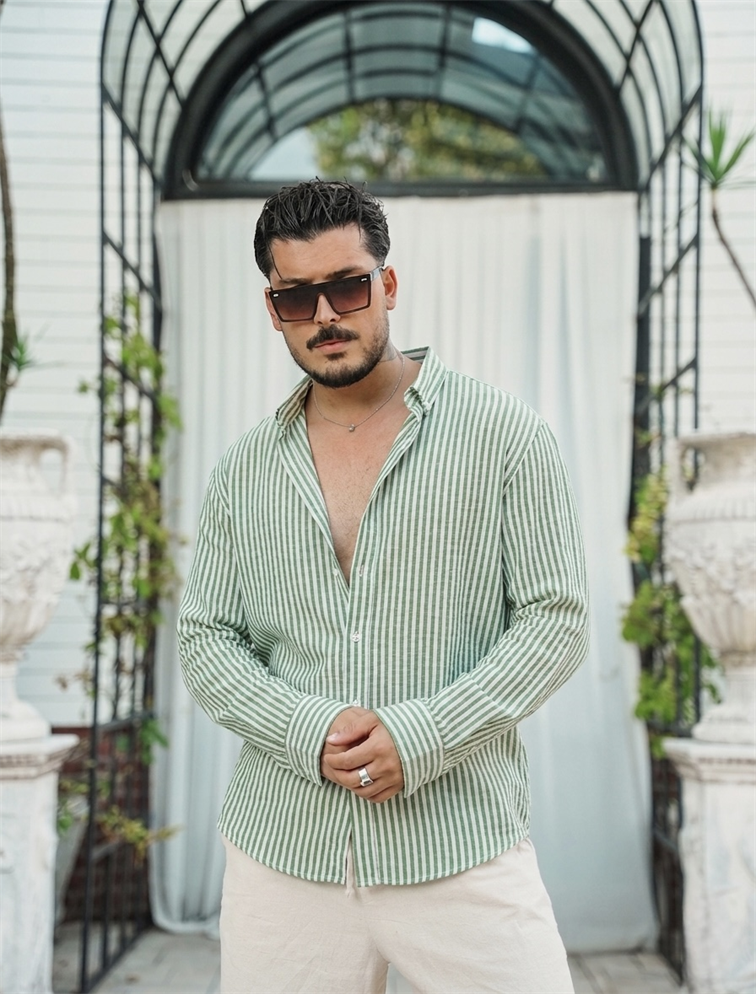 Benito Oversize Çizgili Gömlek Yeşil