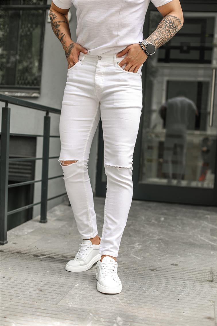 Beyaz Dizi Yırtık Skinny Jean Beyaz