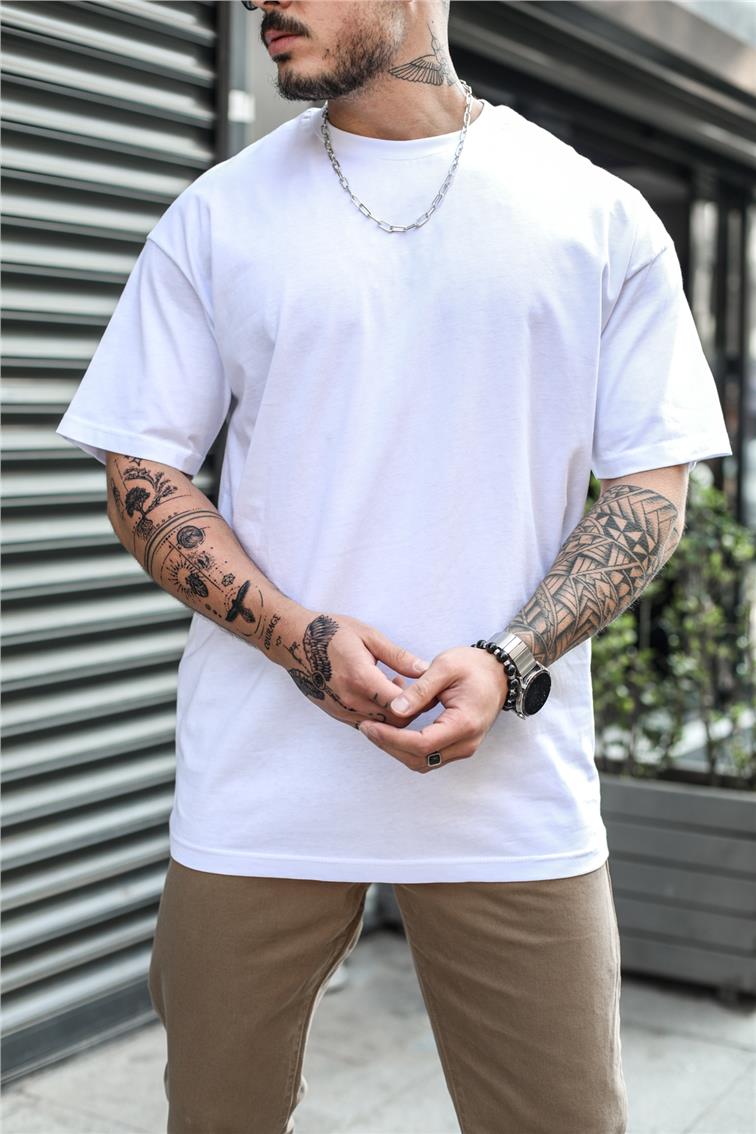 Bisiklet Yaka Oversize Dolgun Basic Tshırt Beyaz