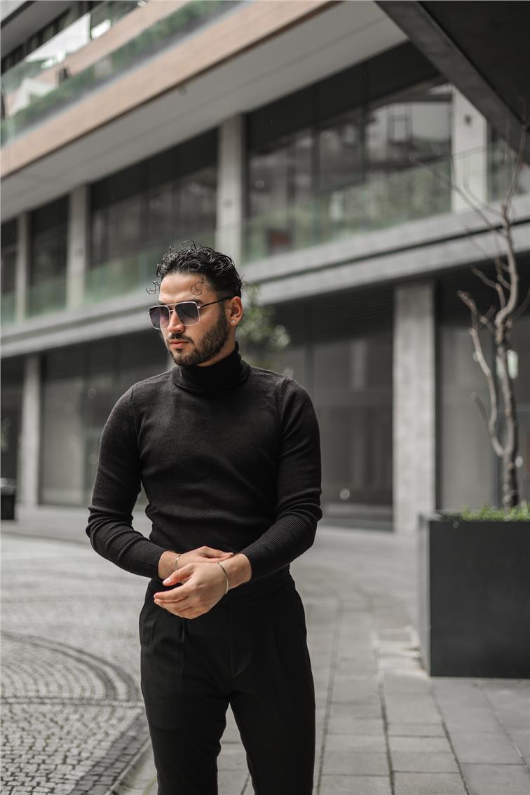 Boğazlı Slim Fit Kazak Siyah