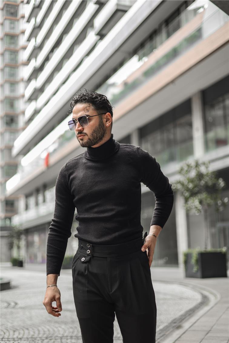 Boğazlı Slim Fit Kazak Siyah
