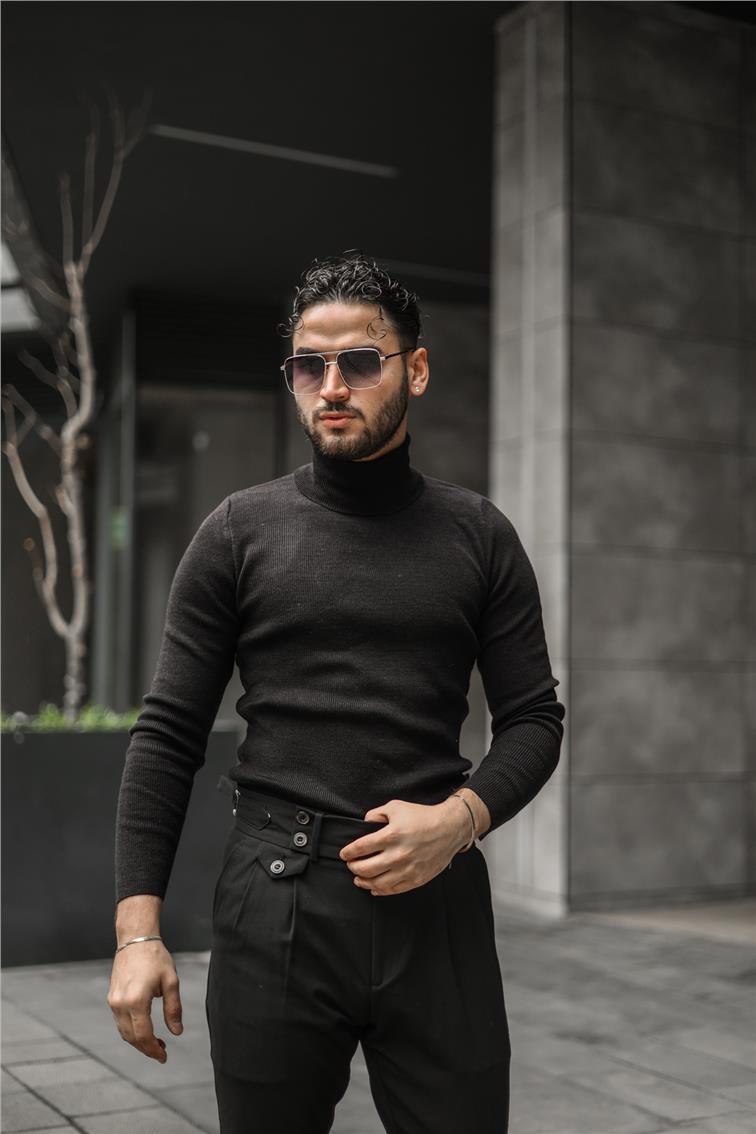 Boğazlı Slim Fit Kazak Siyah