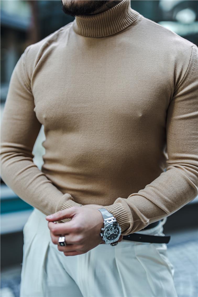 Boğazlı Triko Kazak Bej