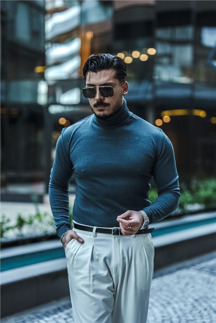 Boğazlı Triko Kazak Petrol Mavisi