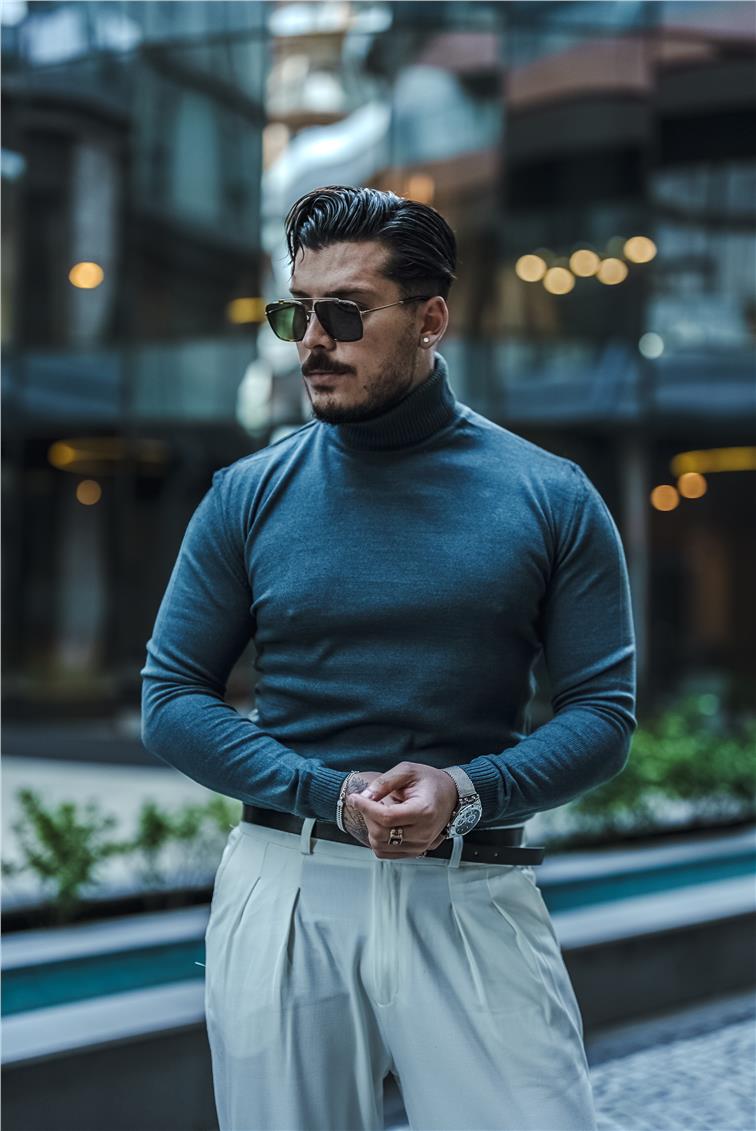 Boğazlı Triko Kazak Petrol Mavisi