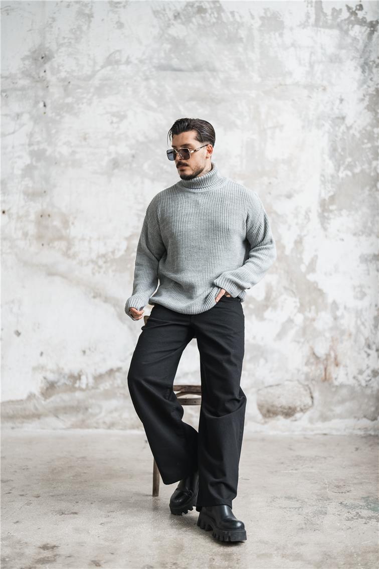 Bol Kalıp Boğazlı Kazak Gri