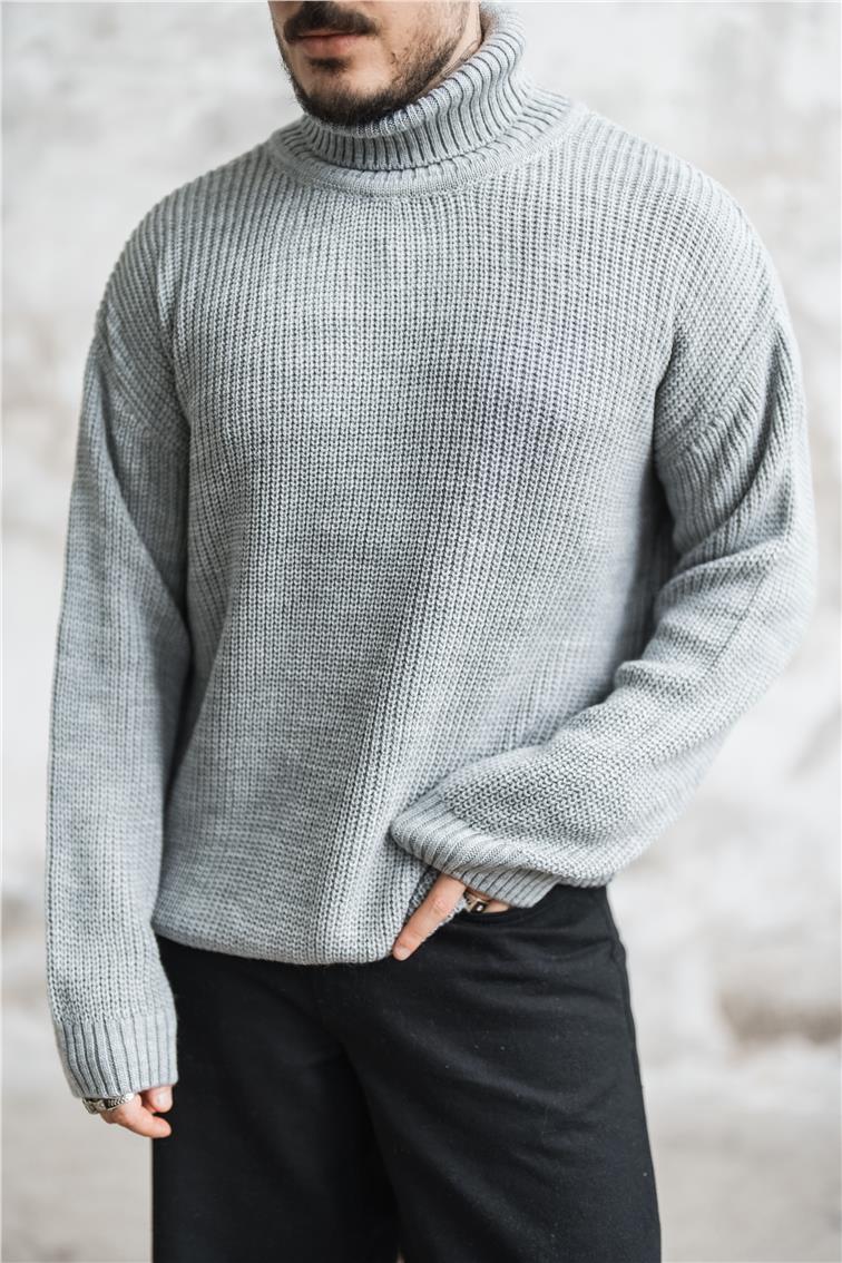 Bol Kalıp Boğazlı Kazak Gri