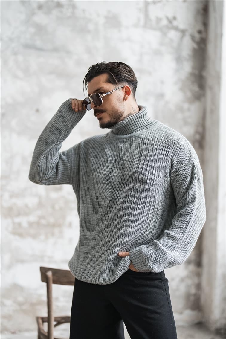 Bol Kalıp Boğazlı Kazak Gri