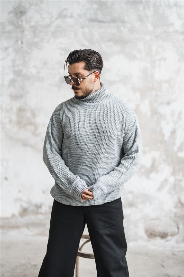 Bol Kalıp Boğazlı Kazak Gri