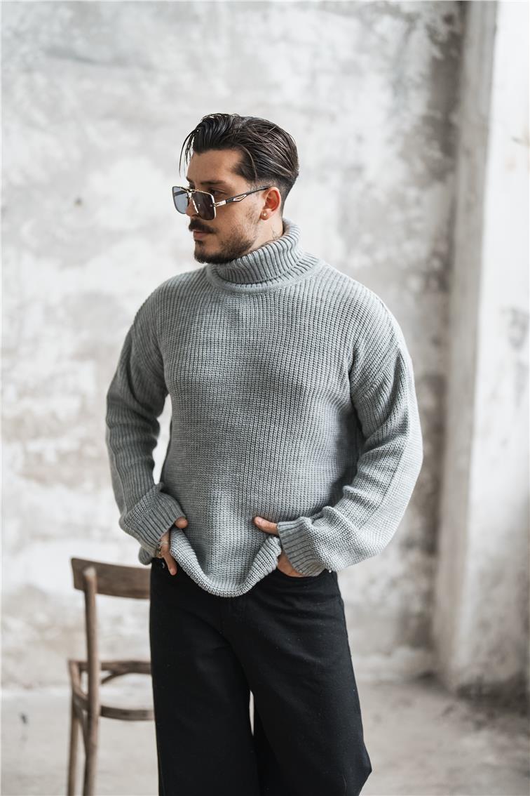 Bol Kalıp Boğazlı Kazak Gri