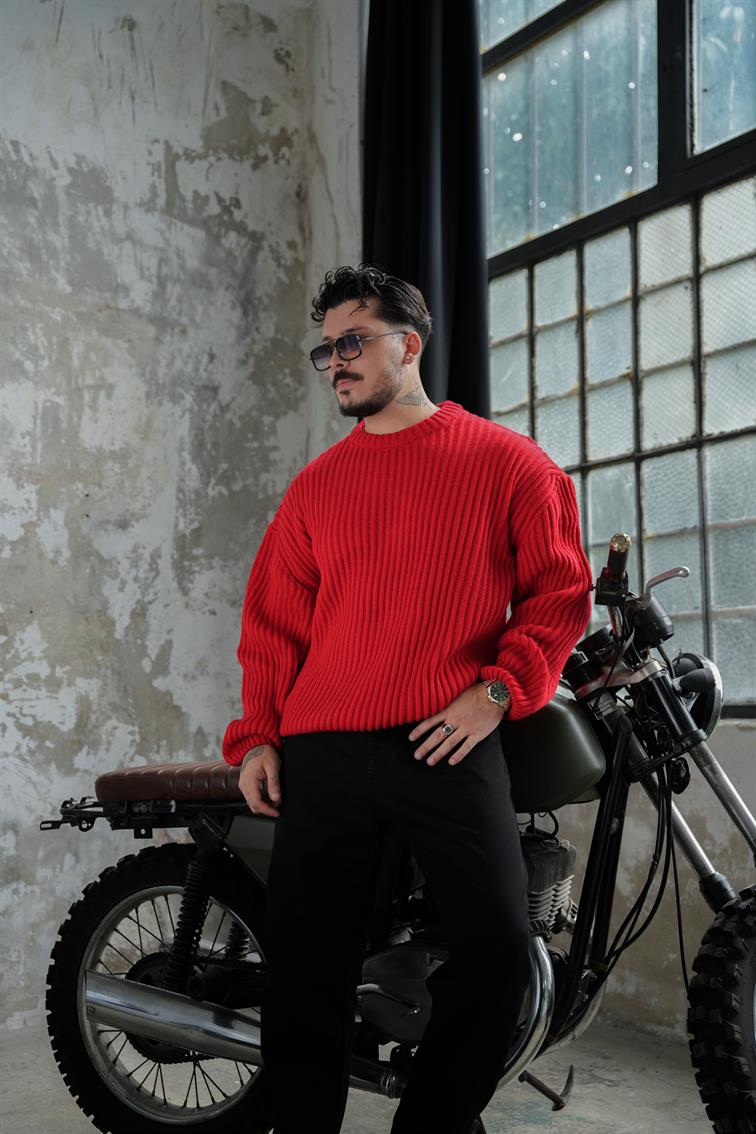 Bol Kalıp  Dokulu Dolgun Kumaş Kazak Kırmızı