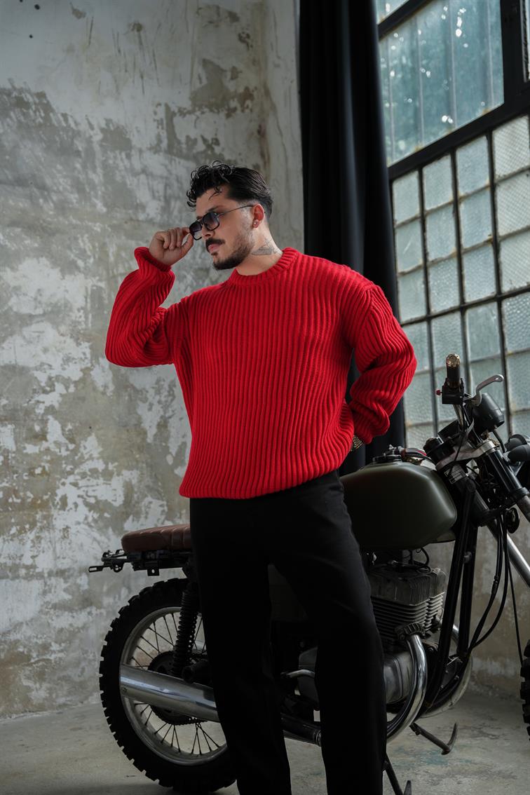 Bol Kalıp  Dokulu Dolgun Kumaş Kazak Kırmızı