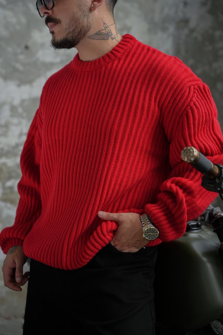 Bol Kalıp  Dokulu Dolgun Kumaş Kazak Kırmızı