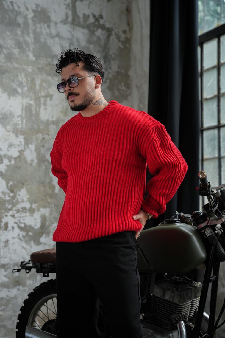 Bol Kalıp  Dokulu Dolgun Kumaş Kazak Kırmızı