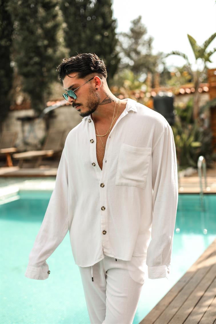 Büyük Düğmeli Keten Oversize Gömlek Beyaz