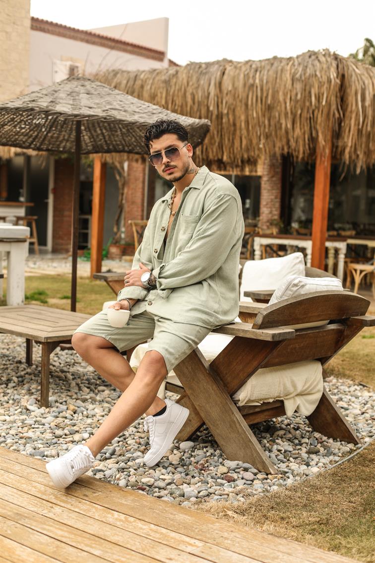 Büyük Düğmeli Keten Oversize Gömlek Mint