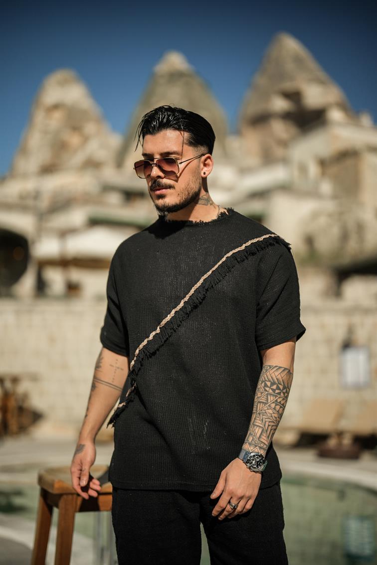 Çapraz Örme Desenli Oversize T-Shirt Siyah