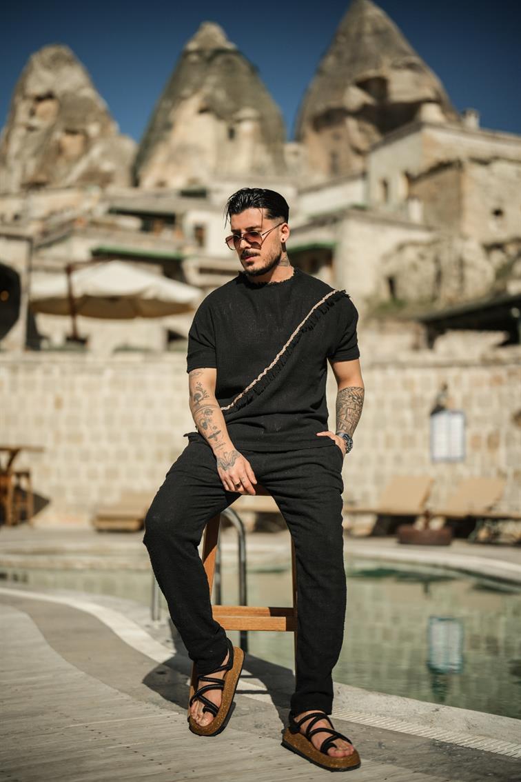 Çapraz Örme Desenli Oversize T-Shirt Siyah