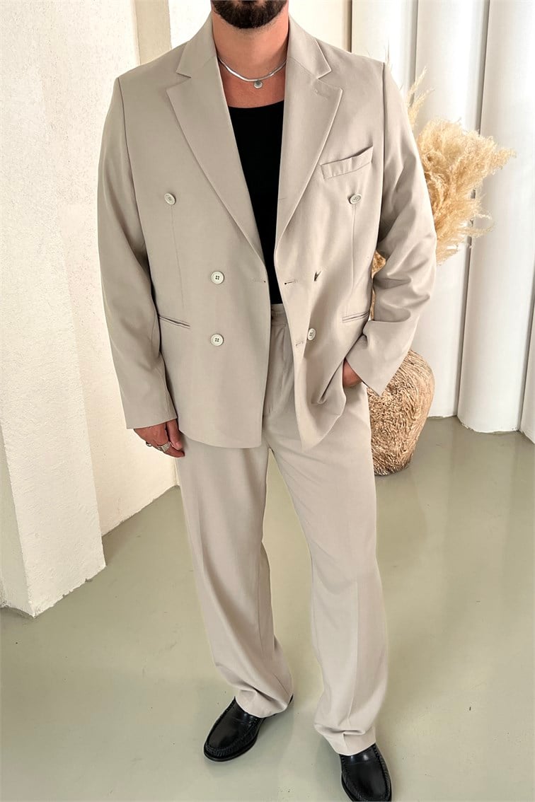 Casual Oversize Kruvaze Takım Krem