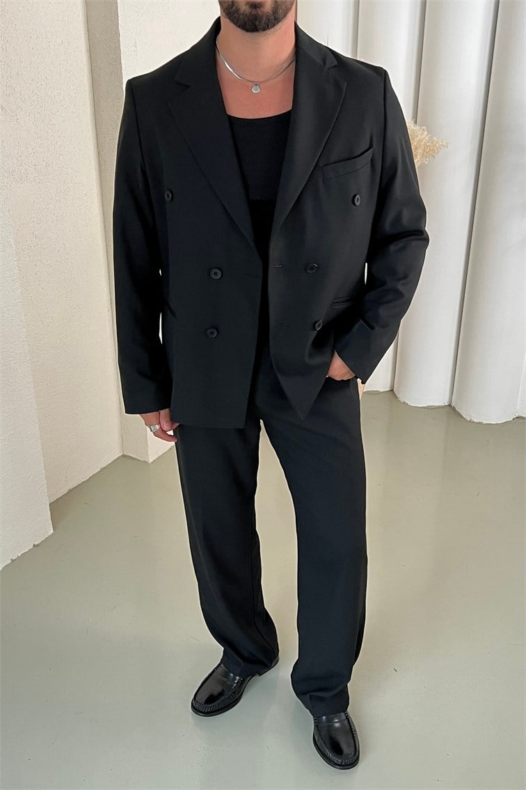Casual Oversize Kruvaze Takım Siyah