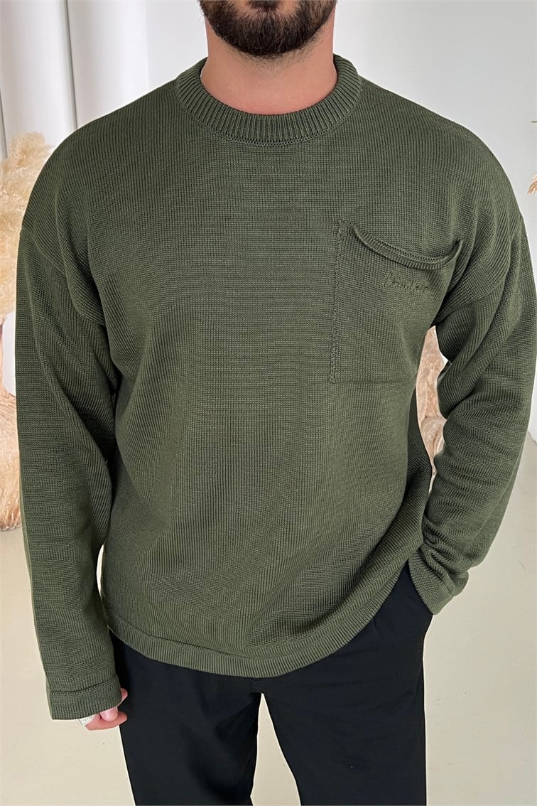 Cepli Arka Tokyo Nakışlı Oversize Kazak Yeşil