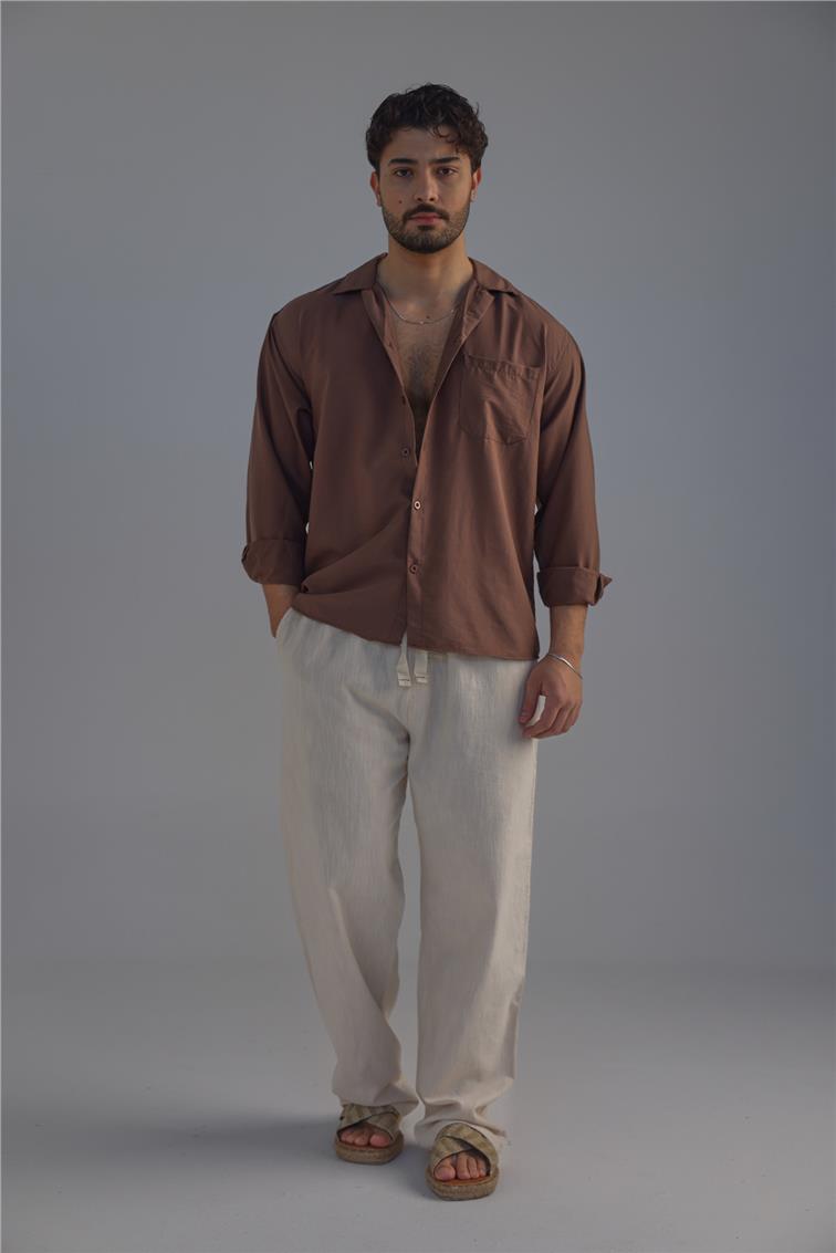 Cepli İnce Keten Gömlek Kahve