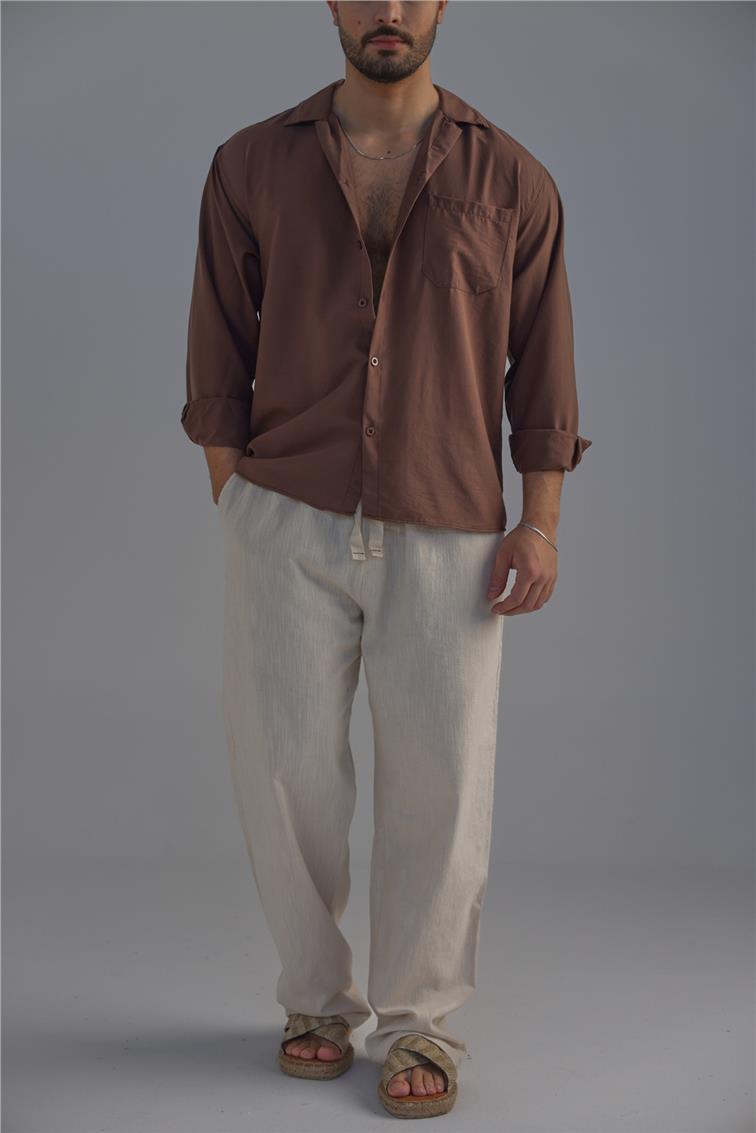 Cepli İnce Keten Gömlek Kahve