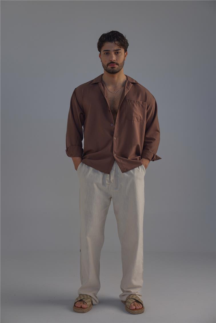 Cepli İnce Keten Gömlek Kahve