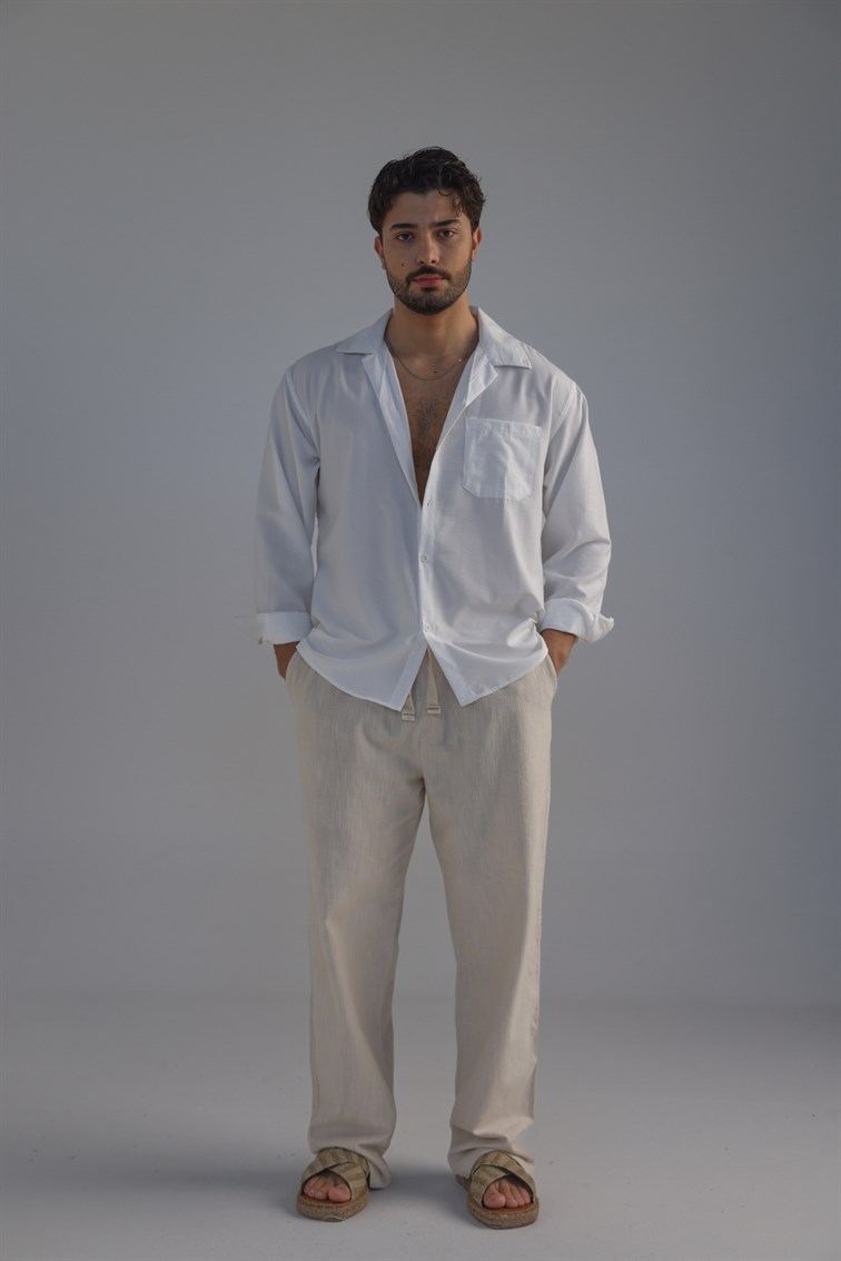 Cepli Oversize Basic Gömlek Beyaz
