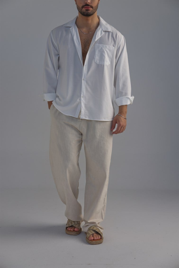 Cepli Oversize Basic Gömlek Beyaz