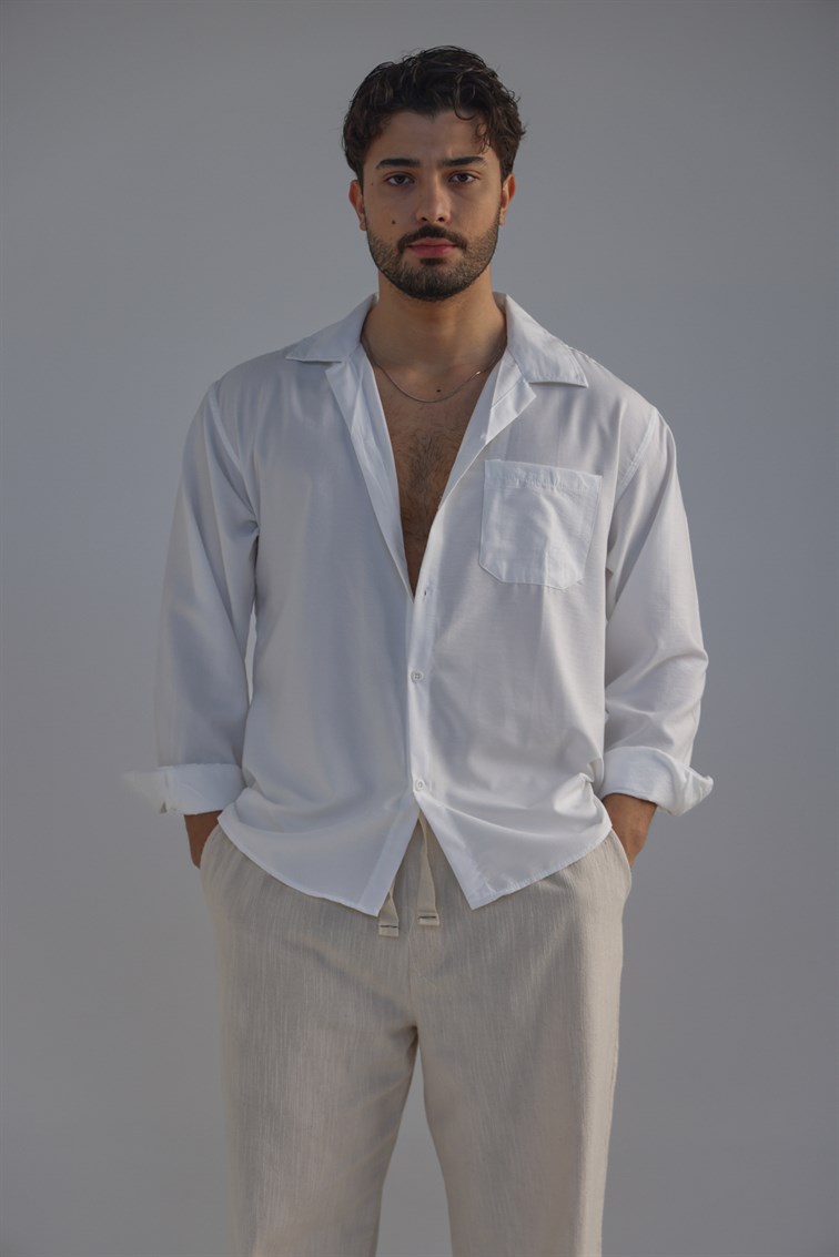 Cepli Oversize Basic Gömlek Beyaz