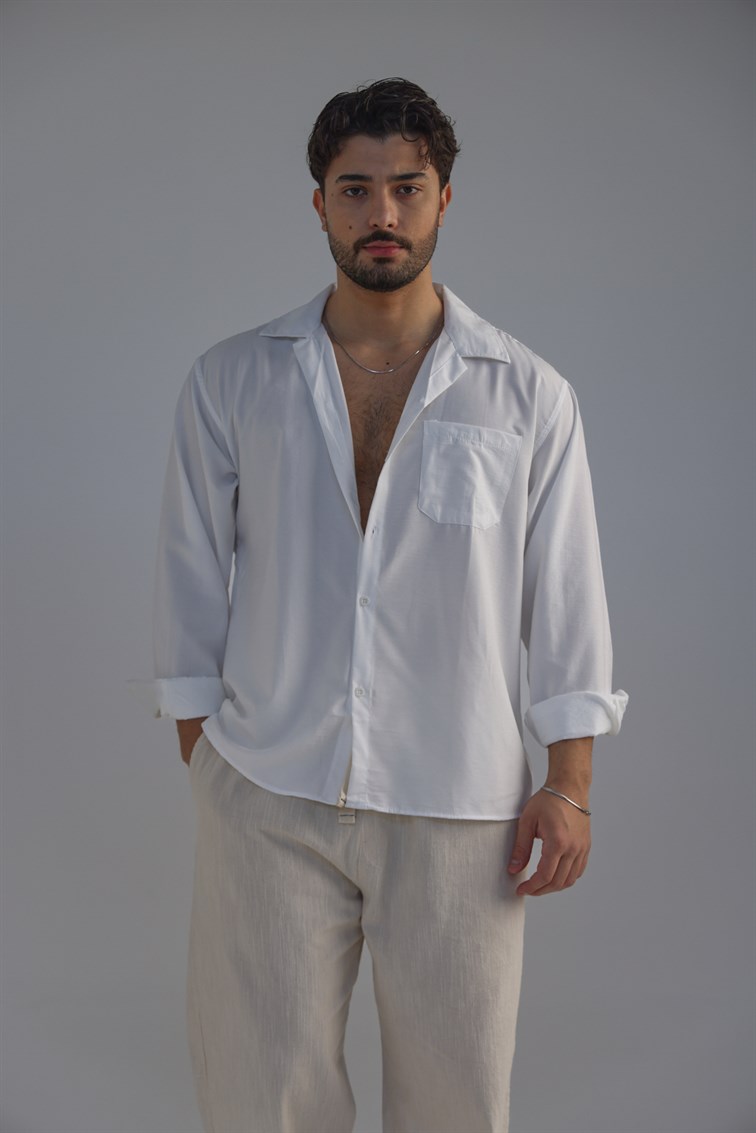 Cepli Oversize Basic Gömlek Beyaz