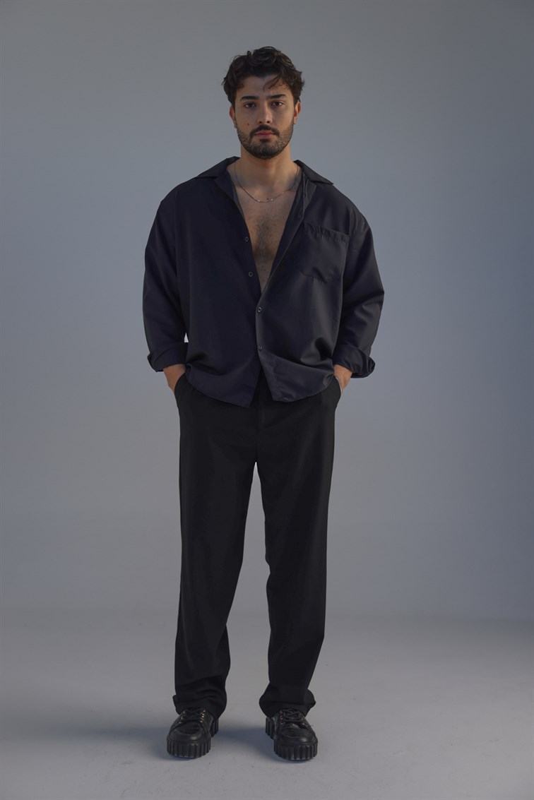 Cepli Oversize Basic Gömlek Siyah